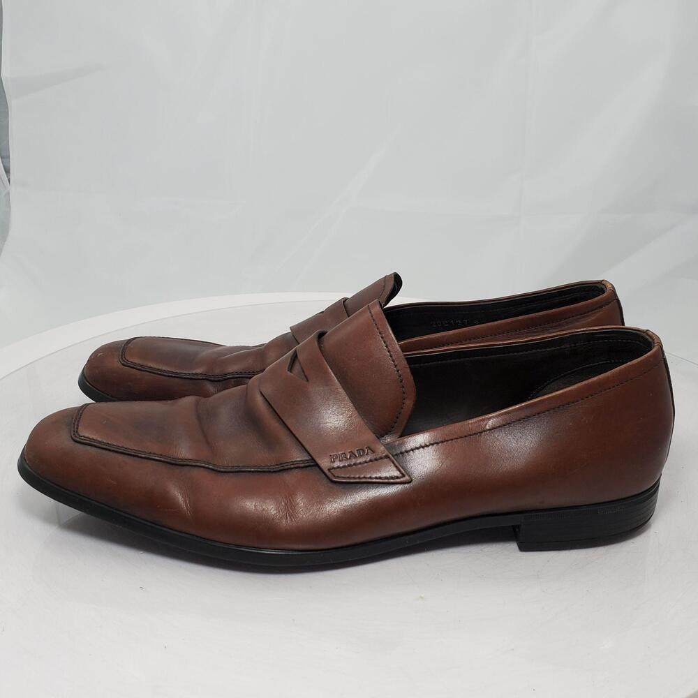 Prada Linea Rossa 2DC127 Shoes Men 8.5 Brown Leather Square Toe Slip On Dress